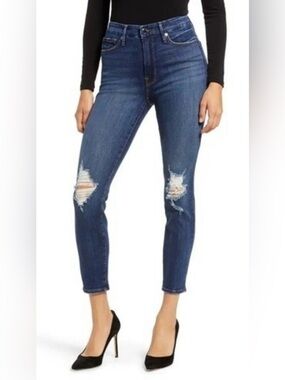 Good American Good Waist Crop High Waist Skinny Dark Blue Distressed Jeans 10